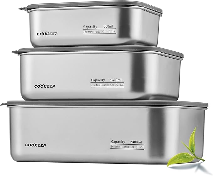 3Pcs Stainless Steel Food Containers,Stainless Steel Containers with Lids,Snack Containers,Lunch Box,Easy Clean,Airtight&Leakproof for Kitchen Storage,Dishwasher Safe,BPA-Free (22oz+44oz+77oz)