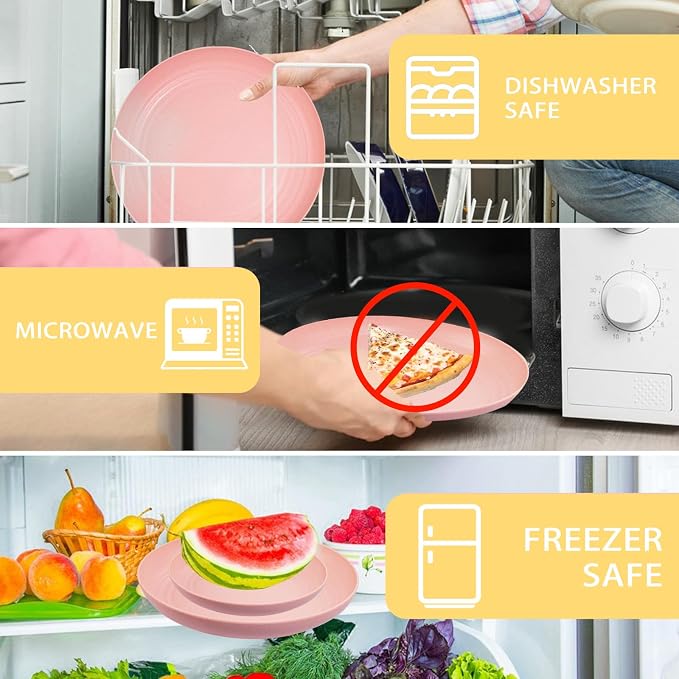 Supernal 32Pcs Pink Plates and Bowls Sets for 8, Unbreakable Dinnerware | Lightweight reusable wheat straw pink dishes set. Shatterproof pastel camp plates & bowls for college dorm, RV, or picnics.
