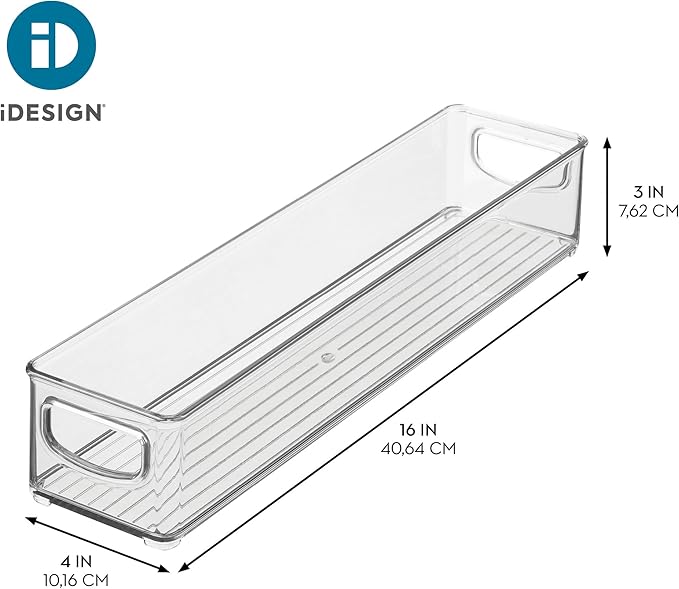 iDesign Slim Clear Plastic Storage Bin, Extra Long Narrow Stackable Organizer for Kitchen and Pantry, 4-Pack