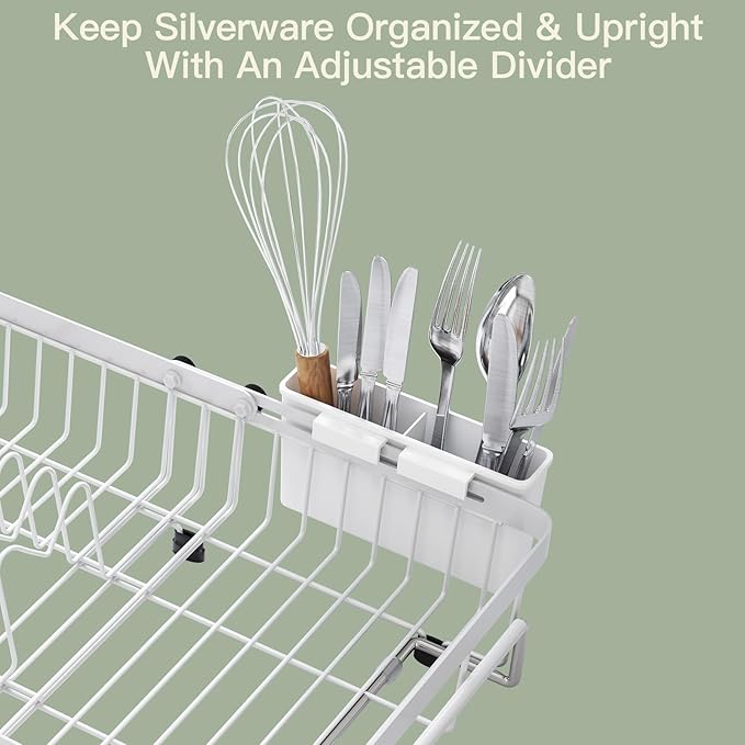 MAJALiS White Dish Drying Rack Over The Sink with Utensil Holder | Expandable Stainless Steel Dish Drainer for Small Kitchen, Apartment, RV, Counter Space Saving, Perfect Fit, Rustproof