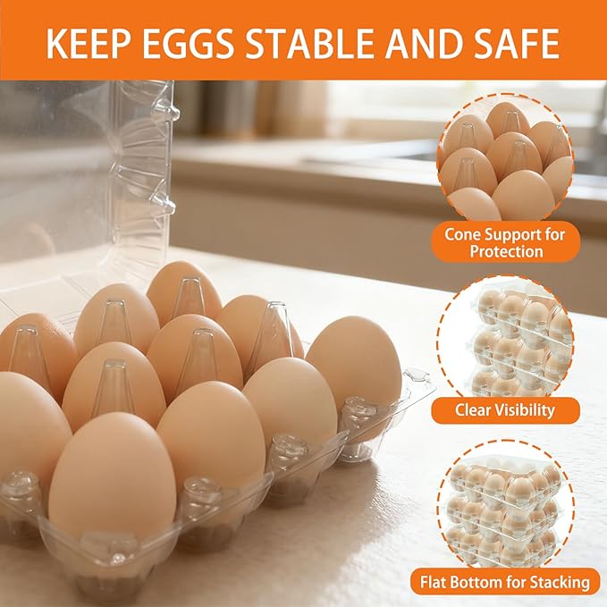 100 Pack 3x4 Plastic Egg Cartons Bulk 12 Count Clear, Reusable Stackable Dozen Chicken Eggs Containers Holders for Storage, Family, Farm Markets and Commercial Display