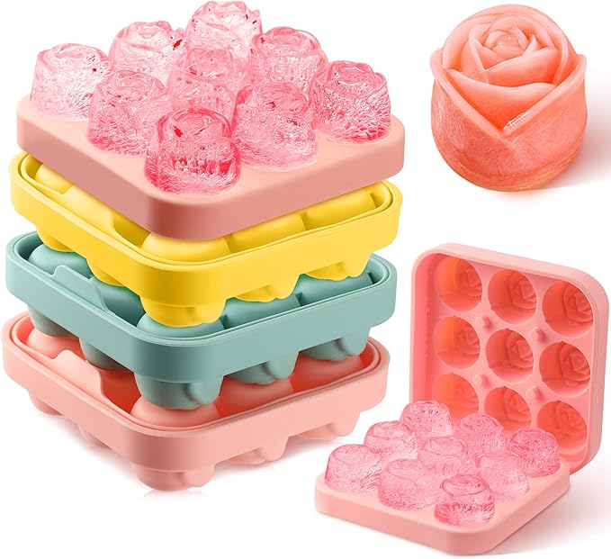 Censen 4 Pcs Silicone Rose Ice Cube Mold with Covers Fun Shapes Flower Ice Cube Mold Trays Maker 9 Cavity Easy Release Form for Whiskey Bourbon Cocktails Wine Coffee Juices and More