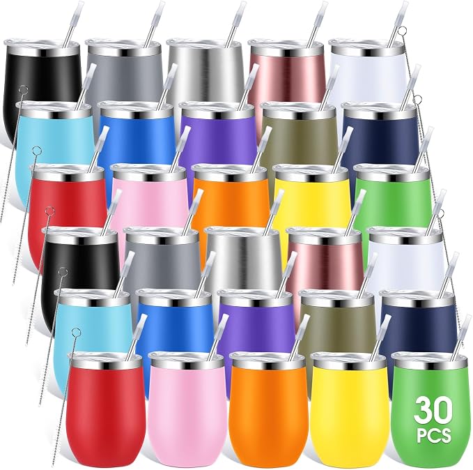 Inbagi 30 Pack 12 oz Stainless Steel Tumblers Bulk with Lids and Straws, Double Wall Insulated Wine Tumblers for Wedding Party Favors, Bridal Shower, Birthday Event Gifts (Multi Colors)