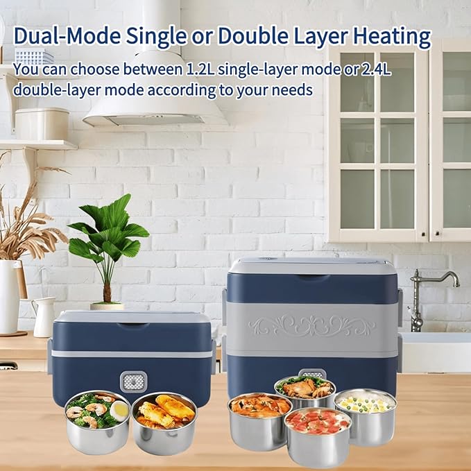 Electric Lunch Box for Adults, 200W Heated Lunch Containers 2.4L(10Cups) Stainless Steel Electric Food Warmer,4 bowls Double Layer Quick Heatable Lunchbox for Office/Home