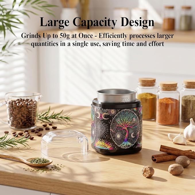 Spice Grinder, One-Touch Fast Grinder with Stainless Steel Blades, Cute Grinder with Unique Pattern Design, Electric Grinder for Spices, 5.1" (Black)