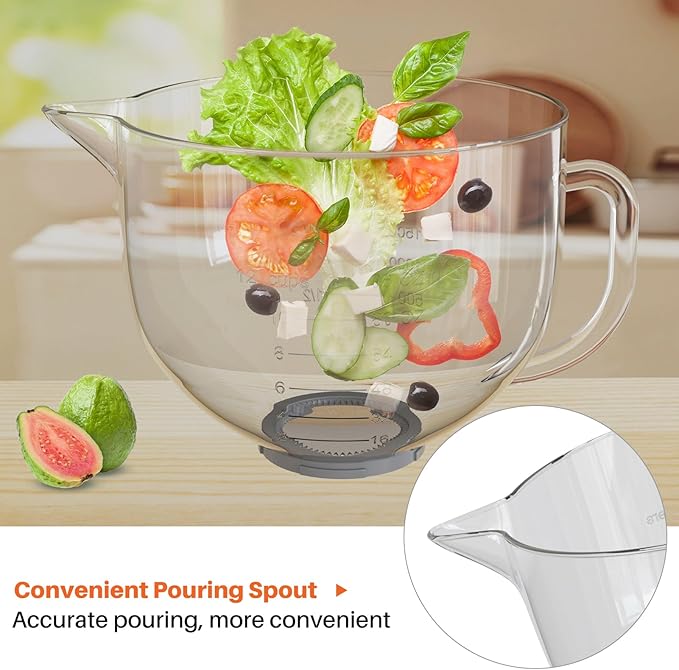 Glass Bowl Compatible with KitchenAid 4.5 & 5-Quart Tilt-Head Stand Mixers – Includes Lid, Measurement Markings & Spout Cover – Dishwasher, Microwave & Freezer Safe