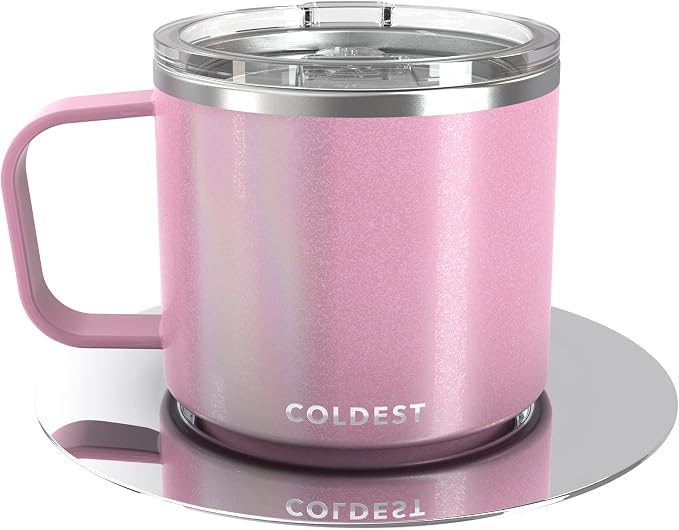 Stackable Insulated Espresso Cup with Saucer by Coldest - Insulated Triple Wall Travel Stainless Steel Travel Double Shot Espresso Coffee Mug with Sliding Lid (4 oz, Forever Pink Glitter)