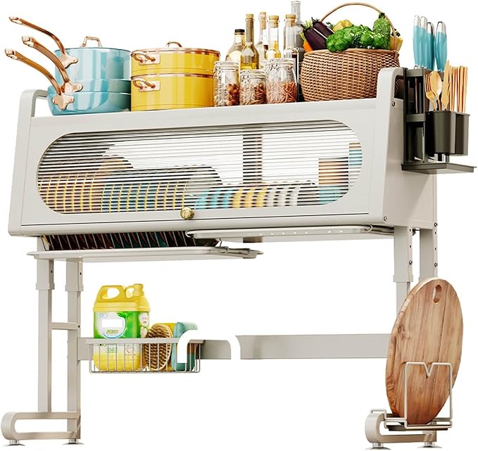 Dish Rack Cabinet Over Sink Standing Dish Drying Rack Dish Drainer Organizer with Adjustable Height Kitchen Large Capacity Kitchen Storage Shelf for Home Kitchen(White,38.1in (97cm))