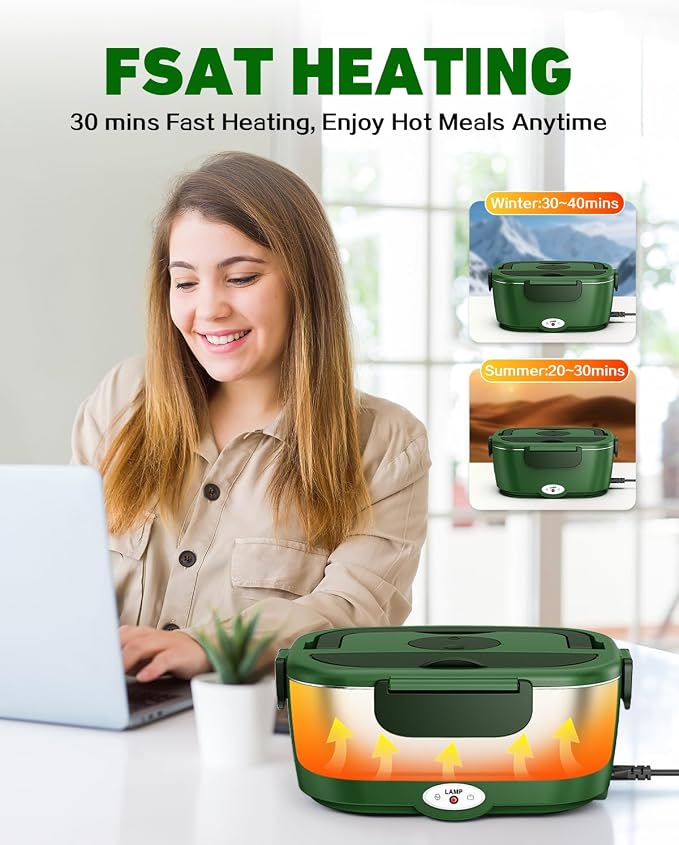 80W Electric Lunch Box Food Warmer for Car/Truck/Office, 110V/24V/12V Portable Heated Lunch Box for Adults, Dual 1.5L Stainless Steel Containers, Leak-Proof & Fast Heating, 3-in-1 Design