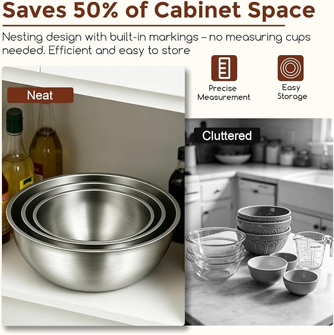 Gronivex 304 Stainless Steel Mixing Bowls, 3-Piece (1.5, 2.2 & 3.4 Qt) | Food-Grade Metal, Dishwasher safe，Stackable Nesting & Space-Saving – For Kitchen Baking, Salads, Meal Prep, RV & Camping
