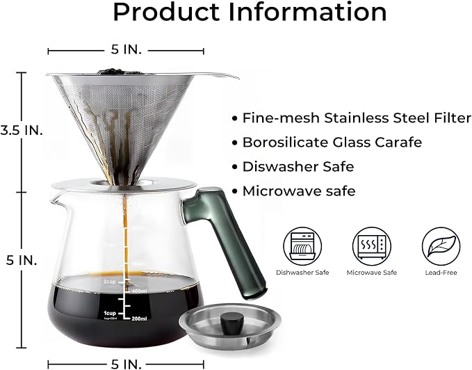 Aquach 28oz Pour Over Coffee Maker, Borosilicate Glass Carafe with Filter | Dishwasher Safe, 304 Stainless Filter, Green Handle, Refrigerator Safe, Coffee Lover Gift