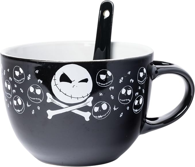Silver Buffalo Disney Tim Burton's Nightmare Before Christmas Jack Skellington Skulls Ceramic Soup Mug with Spoon Set, 24 Ounces