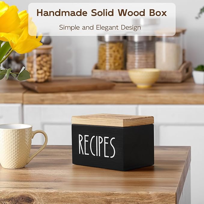 Coffee Filter Holder, Wood Filter Storage Container for Counter&Recipe Box, Wood Recipe Card Box Set, Recipe Box with 100 Cards and 6 Dividers