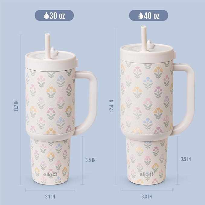 Ello Oasis 40oz Tumbler with Handle & Retracting Straw | Reusable Insulated Stainless Steel Cup 100% Leakproof | Gifts for Teens Women | Keeps Cold for 24 Hours | Cup Holder Friendly | Flower Quilt