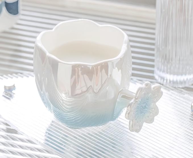 Pearl Ceramic Coffee Mug for Tea Latte Milk Cute Love Shape Cup for Home Office Women Gift 6.5 oz (cherry blue, 350 ml)