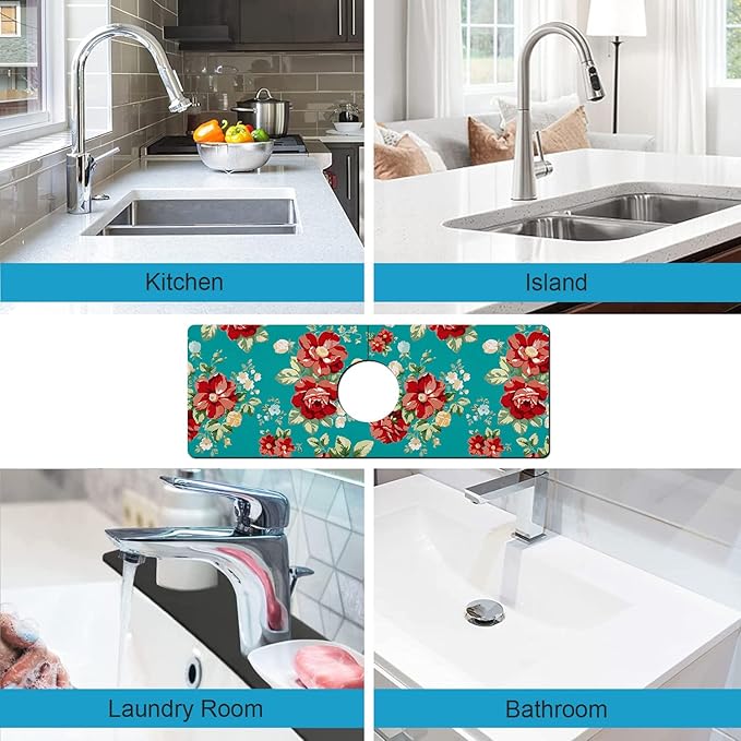 Kitchen Sink Splash Guard Faucet Mat Super Absorbent Fast Drying Mat Sink Gadgets Splash Guard Behind Faucet Drip Catcher for Kitchen (Boho Flowers, 15x5.5in)