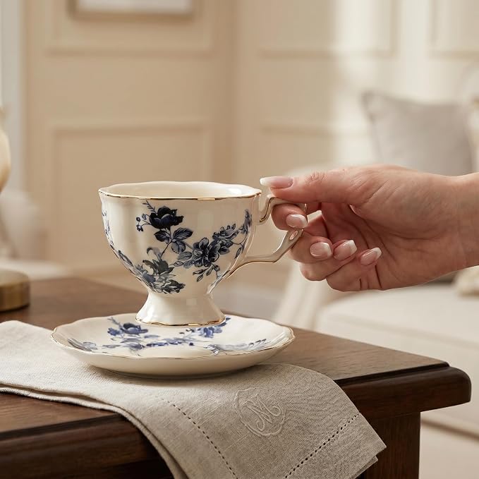 CALLARON Ceramic Cup and Saucer Set 8Oz European Style Milk Drinking Mug with Delicate Porcelain Design for Home Restaurant Tea and Juice