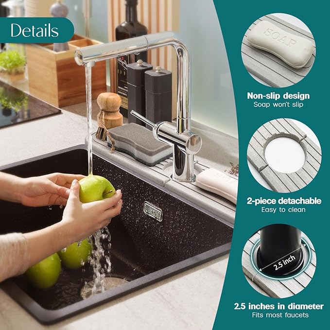 eormoe Diatomite Sink Splash Guard - DryingNeat Kitchen Faucet Mat, Instant Dry Water Absorbing Stone Tray for Sink, Durable Protector for Kitchen Bathroom Counter [Light Grey, 17.7" x 3.9"]