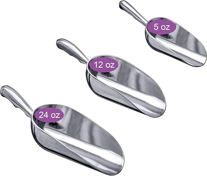 Amazing Abby - Elsa - Aluminum Ice Scoops (3-Piece Set), Cast Aluminum Utility Scoops, 5/12/24-Ounce Capacity, Food-Grade, Good for Home and Commercial Use, NOT Dishwasher-Safe, Hand-Wash Recommended