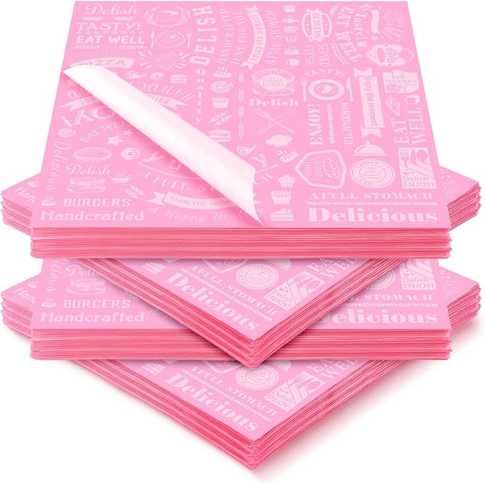 Marspark 200 Pcs Deli Wax Paper Sheets 12 x 12 Inches Square Grease Resistant Tray Basket Liners Hot Dog Wrappers Newsprint Water and Grease Proof Sandwich Wrapping Paper for Food Baking (Pink White)