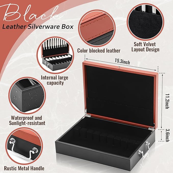 DoubleFill 1 Layer Leather Silverware Storage Box with Lid and Handles, Anti Tarnish Silverware Storage Chest Case with Felt-lined for 12 Sets of Utensils Flatware Gifts, 15.3x11.2x3.6 Inch
