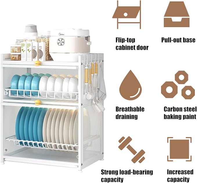 3 Tier Dish Drying Rack Modern House Ware Dish Organizer Cutlery Drainer with Lid Cover Detachable Drip Tray Storage Box Basket for Kitchen Organizing Storage Holder