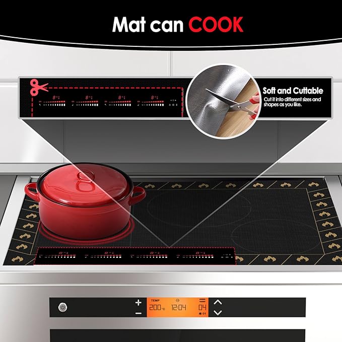KitchenRaku Large Induction Cooktop Protector Mat 20.4 x 30.7 inch, Translucent (Magnetic) Electric Stove Burner Covers Antiscratch as Glass Top Stove Cover or Electric Stove Top (Flame Pattern)