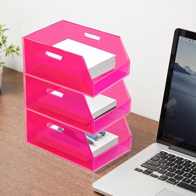 Gelite Stackable Storage Bins Open Front Organizer Bins with Handles Acrylic Storage Container for Pantry Kitchen Cabinet Bathroom Closet Office Organization, 11.4x7.5x5.1'', Neon Pink