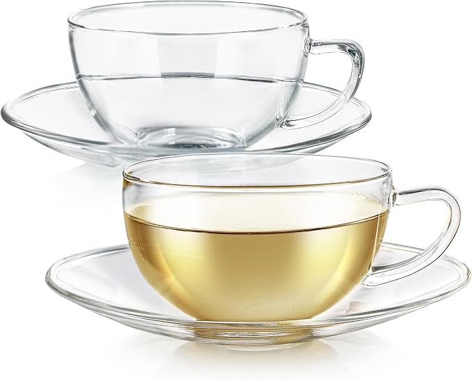 Teabloom Kyoto Teacup and Saucer Set 2-Pack – Medium Size – 8 OZ/ 240 ML Capacity – Crystal Clear Design – Premium Borosilicate Glass – Heat Resistant, Microwave Safe
