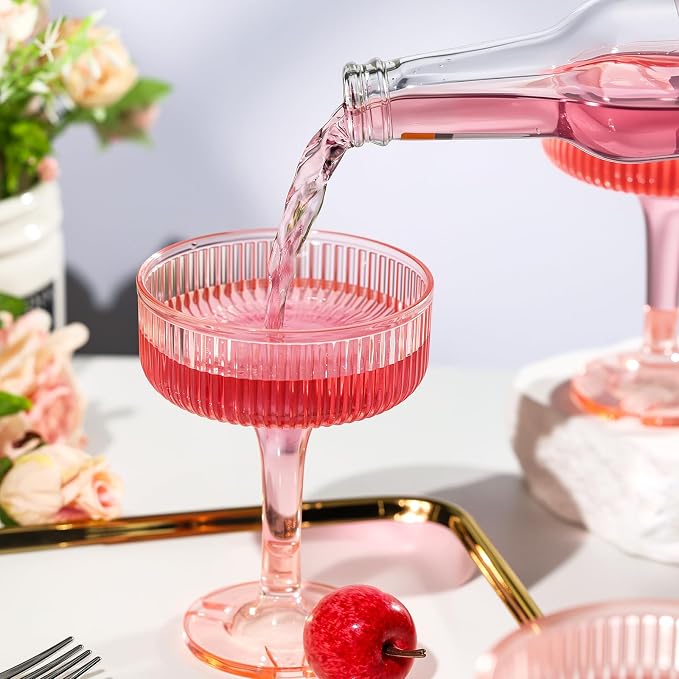 Goodluck 4-Tier Champagne Glasses - 20 PCS 7oz Pink Plastic Champagne Flutes, Plastic Coupe Glasses with Vertical Stripes for Weddings, Celebrations, Parties & Birthdays