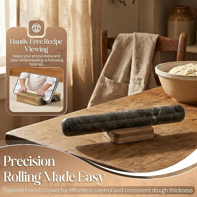 Flexzion French Rolling Pin, 12 Inch Black Marble Rolling Pins for Baking with Wooden Base Holder Stand - Non-Stick Baking Roller for Baking Fondant, Crust, Pastry, Cookies, Pizza, Pasta