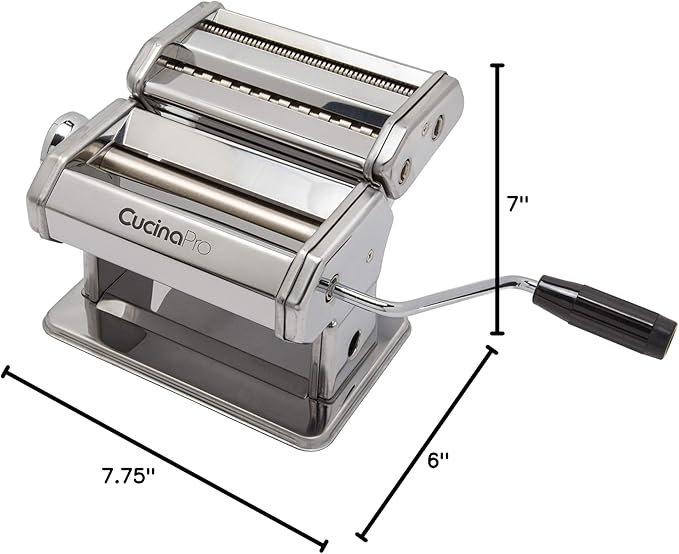 Pasta Maker Machine- Heavy Duty Chrome Coated Steel Construction with Fettucine & Spaghetti Attachments, Rollers w Adjustable Thickness Settings, Manual Hand Crank for Precise Noodles w Recipe Guide