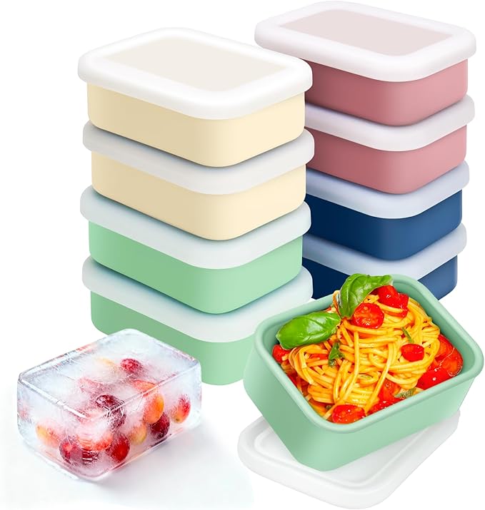 8 PCS 2 Cup Silicone Freezer Molds with Lid, Meal Prep Freezer Molds Silicone Freezer Containers Reusable Food Preserving Tray Freezing Ice Trays for Soups Sauces Stews