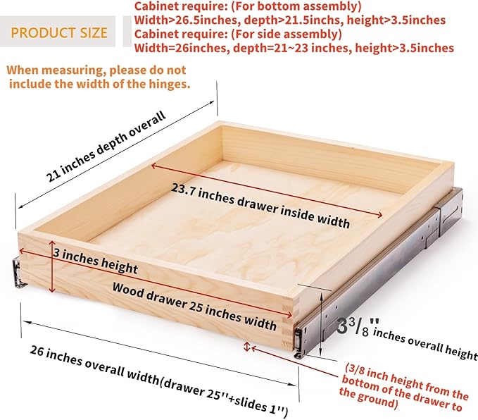 Mulush 26''W x 21''D x 3''H Pull Out Cabinet Drawer Soft Close Slide Out Wood Organizer for Kitchen, Finished, Bottom and Side Assembly (Wood Drawer Part Width is 25inch)