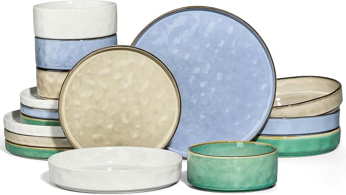 E-far 16-Piece Plates and Bowls Sets with Pasta Bowls - Stoneware Dinnerware Set for 4, Modern Ribbed Dishes, Microwave & Dishwasher Safe, Multicolor