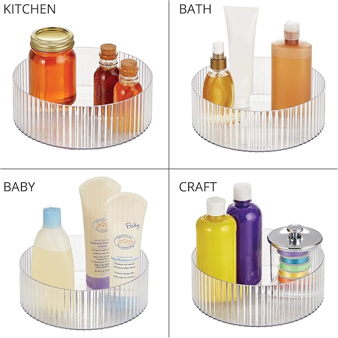 mDesign Fluted Lazy Susan Turntable Plastic Spinner for Kitchen and Bathroom Cabinet, Cupboard, or Countertop Organizing - Rotating Organizer for Condiments, Jewelry, Accessories - 9" Round - Clear