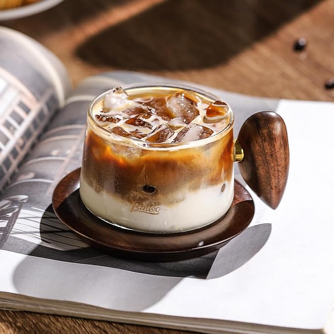 Bincoo Glass Coffee Cups and Saucers Set,250ML Clear Glass Iced Coffee Mug Espresso Cup Tea Cup with Walnut Coaster and Handle
