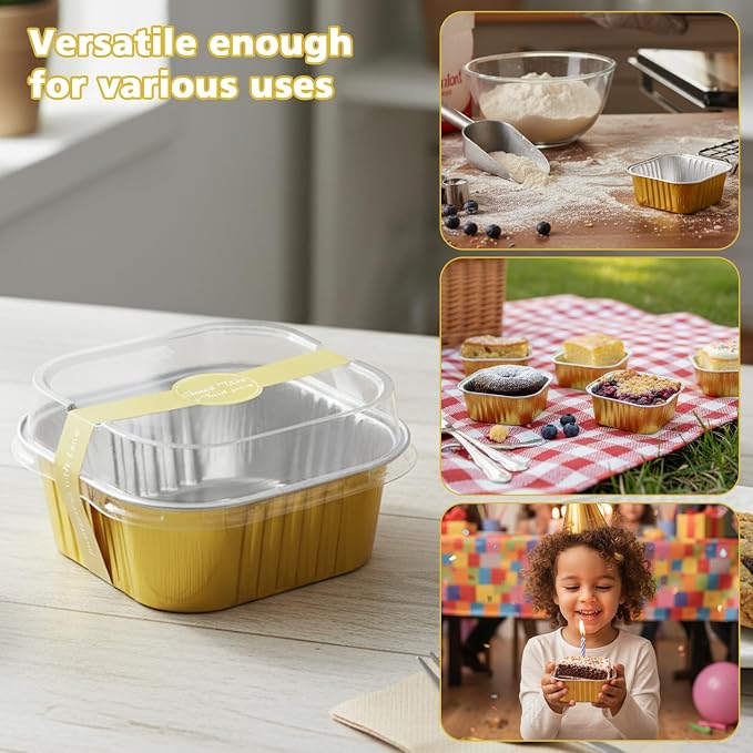 Ruckae 5oz 100 Pcs Square Mini Loaf Pans with Lids-Disposable Foil Dessert Containers,Mini Cake Pans with Lids,Aluminum Dessert Cups for Parties and Weddings (Gold, 5oz)