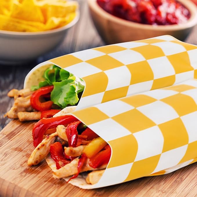 Fasmov 1000 Sheets 12 x 12 inches Sandwich Paper Deli Basket Liner Wrap Food Basket Liners Wrapping Checkered Sheets, Yellow & White