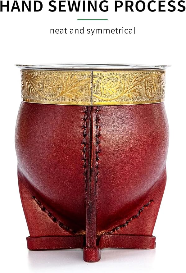 Cuopru Premium Argentina Imperial Yerba Mate Cup with Bombilla Mate (Straw) Set, Baroque Style, Leather Gourd, 304 Stainless Steel Inner (Brown)