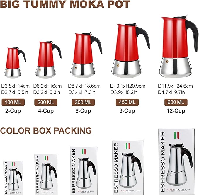 9 Cup Stovetop Espresso Maker Stainless Steel Moka Pot Stove Top Percolator Italian Coffee Makers Capable Mocha Greca Machine Cafe Classic Induction Cookers for Home and Camping 450ml 15oz