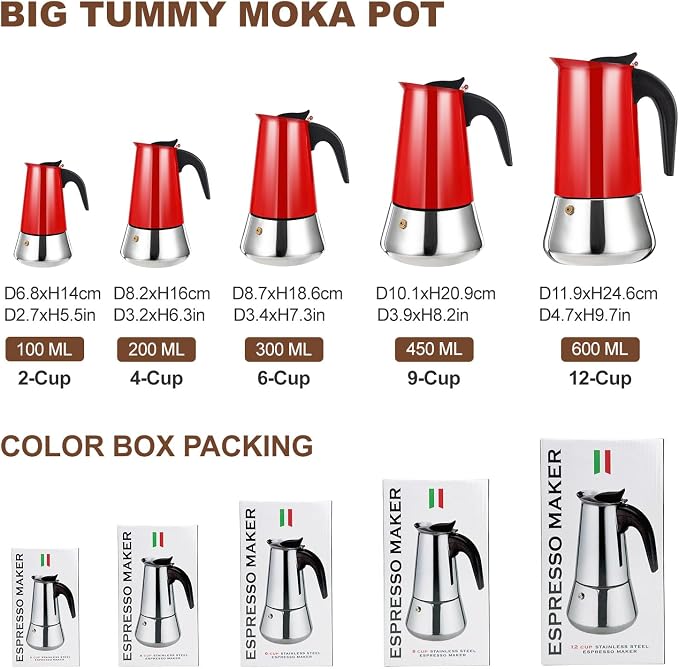 4 Cup Stovetop Espresso Maker Stainless Steel Moka Pot Stove Top Percolator Italian Coffee Makers Capable Mocha Greca Machine Cafe Classic Induction Cookers for Home and Camping 200ml 6.6oz