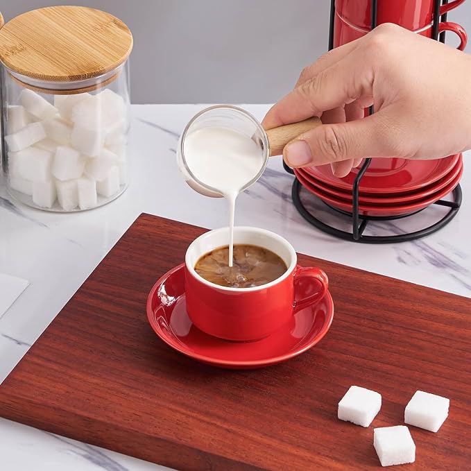 YOLIFE 2.5oz Espresso Cups Set of 4, Porcelain Stackable Espresso Cups, Expresso Shots Cup Set with Saucers and Metal Stand-Red