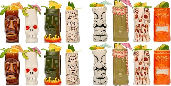 LEMONSODA Ceramic Hawaiian Tiki Glasses - Set of 16 - Fun Tiki Mugs for Cocktails, Barware & Luau Decor (Ceramic Variety, Set of 16)