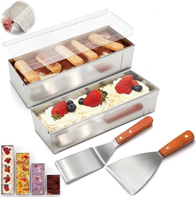 Blushtier 2 Pcs Nonstick Rectangle Tiramisu Cake Pan with Acrylic Lid and 2 Metal Spatula Removable Frame 304 Stainless Steel Cake Baking Molds for Tiramisu Cheesecake Mousse (9.45 x 3.94 x 2.56 Inch)