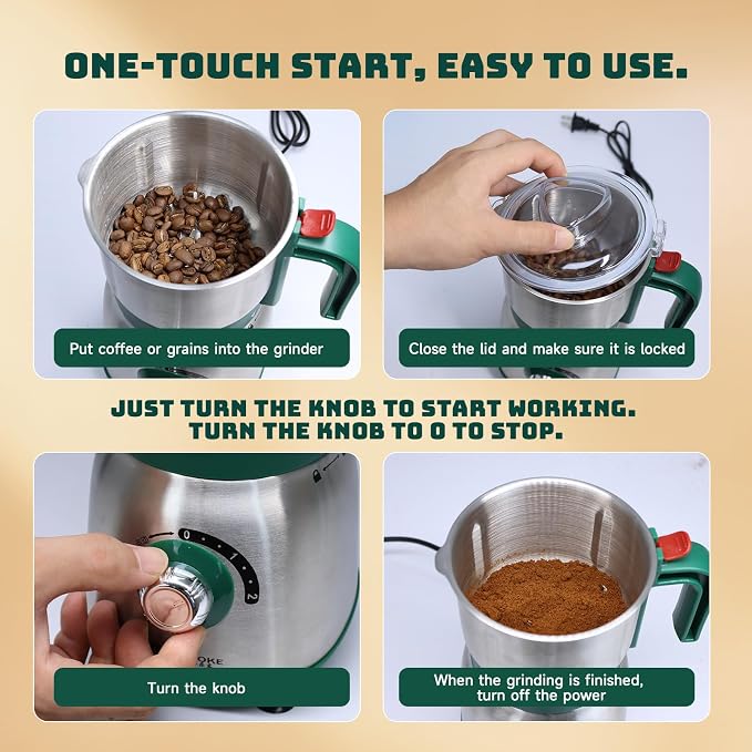 Electric Spice and Nut Grinders - 3 Stainless Steel Blades, 1 Filter, 1 Brush - 500W Grinder for Kitchen, Dry Use (Green)