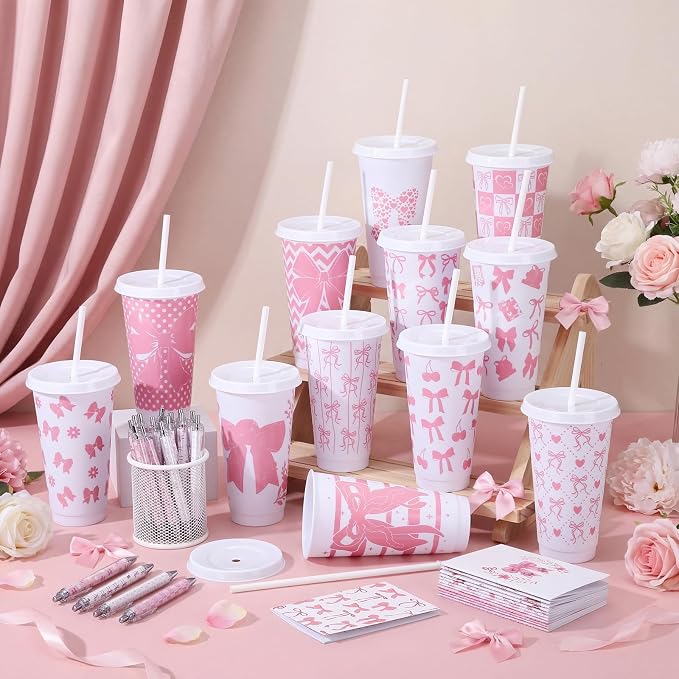 Feifeiya 72 Pcs/ 24 Set Pink Bow Gifts 24 oz Reusable Tumbler with Lids and Straws Cute Pens Notepads Set Coquette Plastic Cups Gift for Bachelorette Birthday Baby Shower Decoration Favors