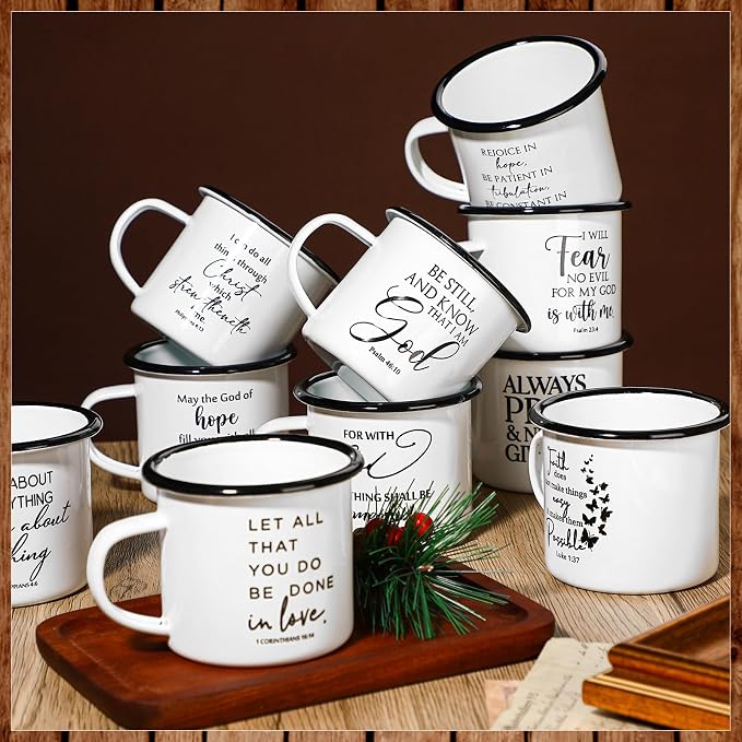 Mifoci Christian Enamel Mugs Gifts Inspirational Coffee Mugs with Handle Bible Verse Religious Camping Cups Church Party Favors for Church Clergy Pastor Men(White,12 Pcs)