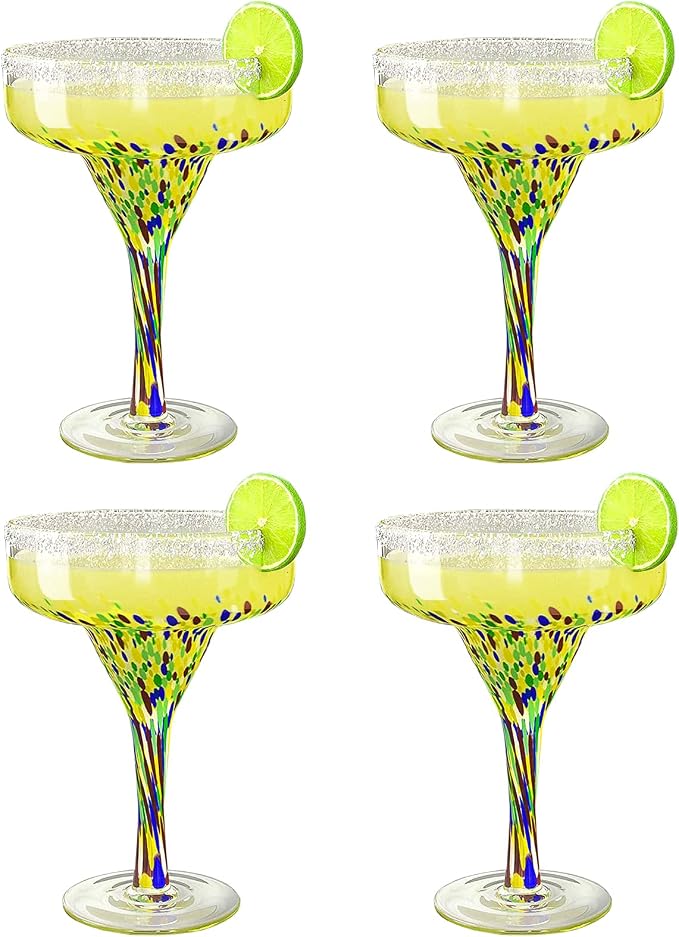 Margarita Glasses – Set of 4 - Luxury Hand Blown Confetti Margaritas, Cocktails, Water, Wine, Dessert, Martini & Champagne Cinco de Mayo, Hand Blown - Mexican Confetti Design Glass, Party, Home & Bar