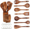 9 Piece Natural Teak Wooden Kitchen Utensil Set with Spoon Rest, Utensil Holder, Hanging Hooks, Heat Resistant, Non-Scratch Tools for Nonstick Cookware